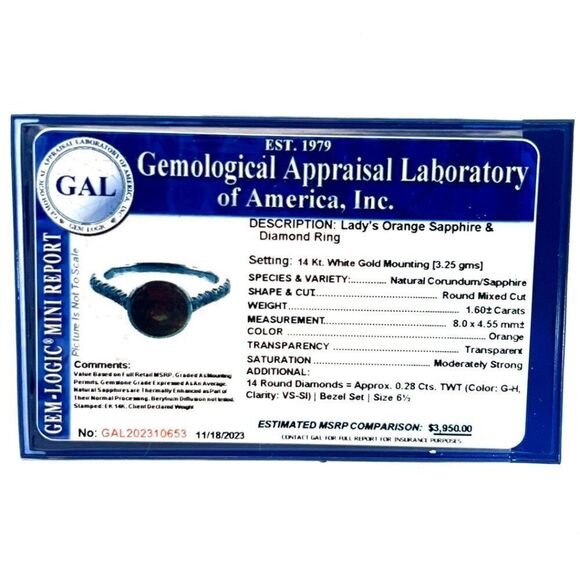 Natural Orange Sapphire Diamond Ring 6.5 14k WG 1.88 TCW Certified $3,950 310653 - Picture 11 of 11